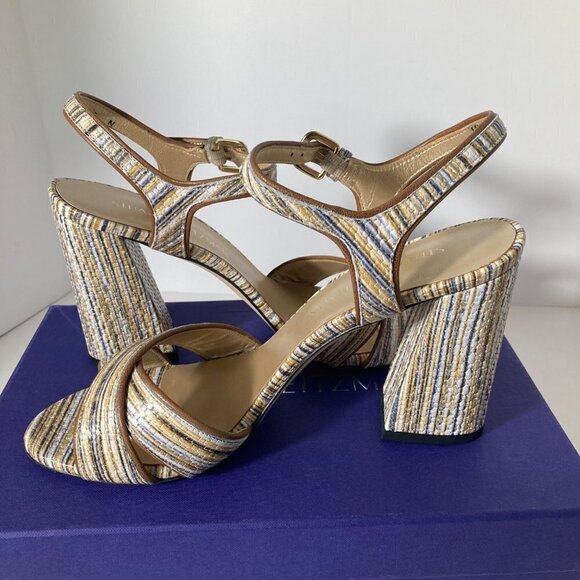Womens Stuart Weitzman Sunlover Beige Weave Nappa Heeled Leather Sandal 9N - Picture 2 of 11